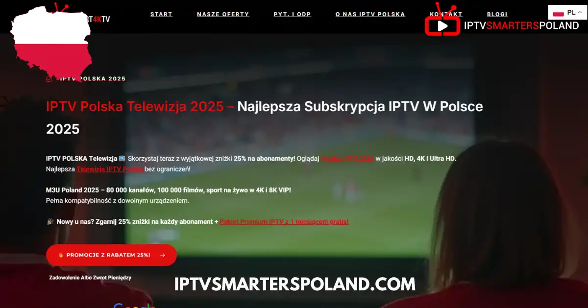 Strona główna IPTV Smarters Poland z informacją o najlepszej subskrypcji IPTV Polska 2025 i promocji z 25% rabatem