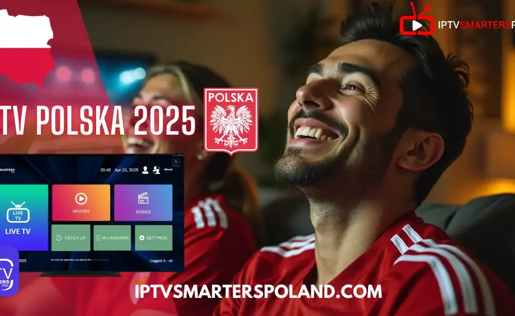 Uśmiechnięci widzowie oglądający polską telewizję IPTV 2025 z interfejsem IPTV Smarters Pro, promujący action IPTV.