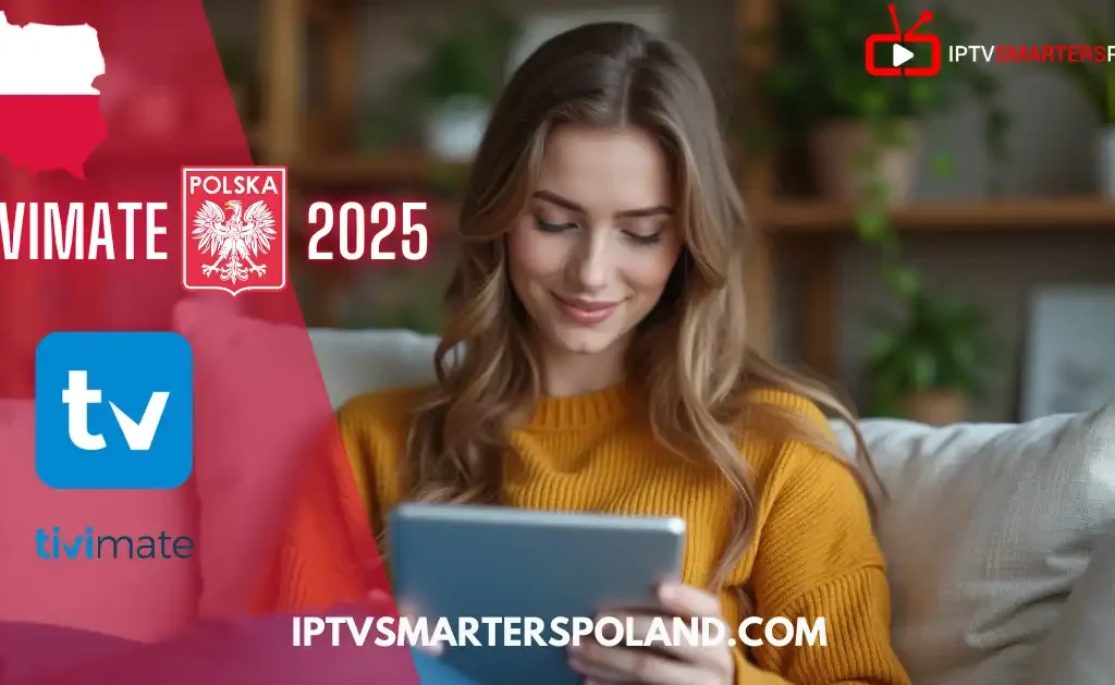Kobieta oglądająca telewizję online na tablecie za pomocą aplikacji TiviMate 2025 – IPTV Polska