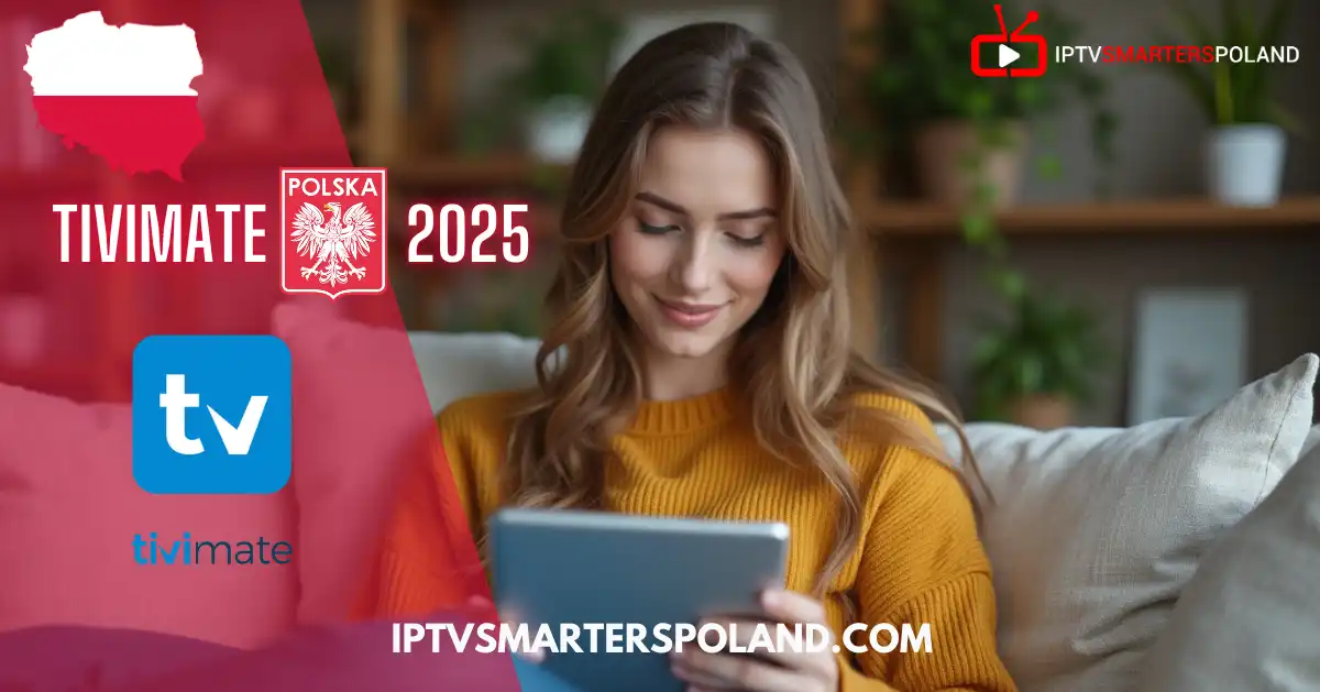 Kobieta oglądająca telewizję online na tablecie za pomocą aplikacji TiviMate 2025 – IPTV Polska