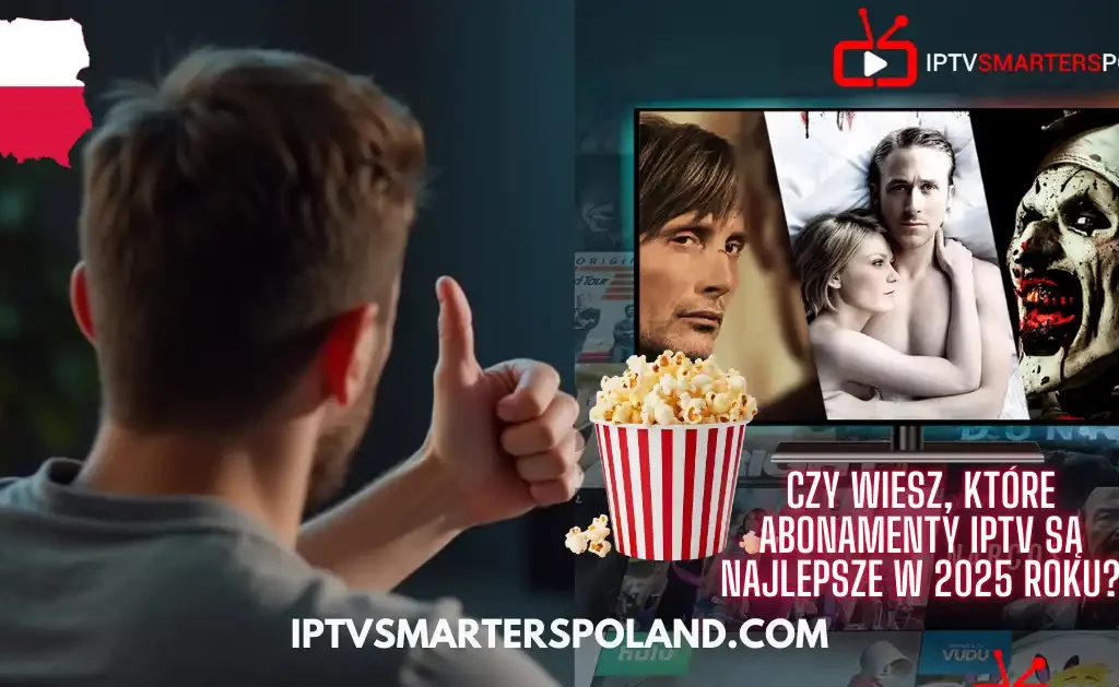 Mężczyzna pokazuje kciuk w górę, oglądając na smart TV popularne filmy z FilmBox, w tym takie tytuły jak Red Notice i Shang-Chi. Widzoczne jest logo IPTVSmartersPoland oraz różne urządzenia do streamingu, reprezentujące usługę IPTV Polska 2025.