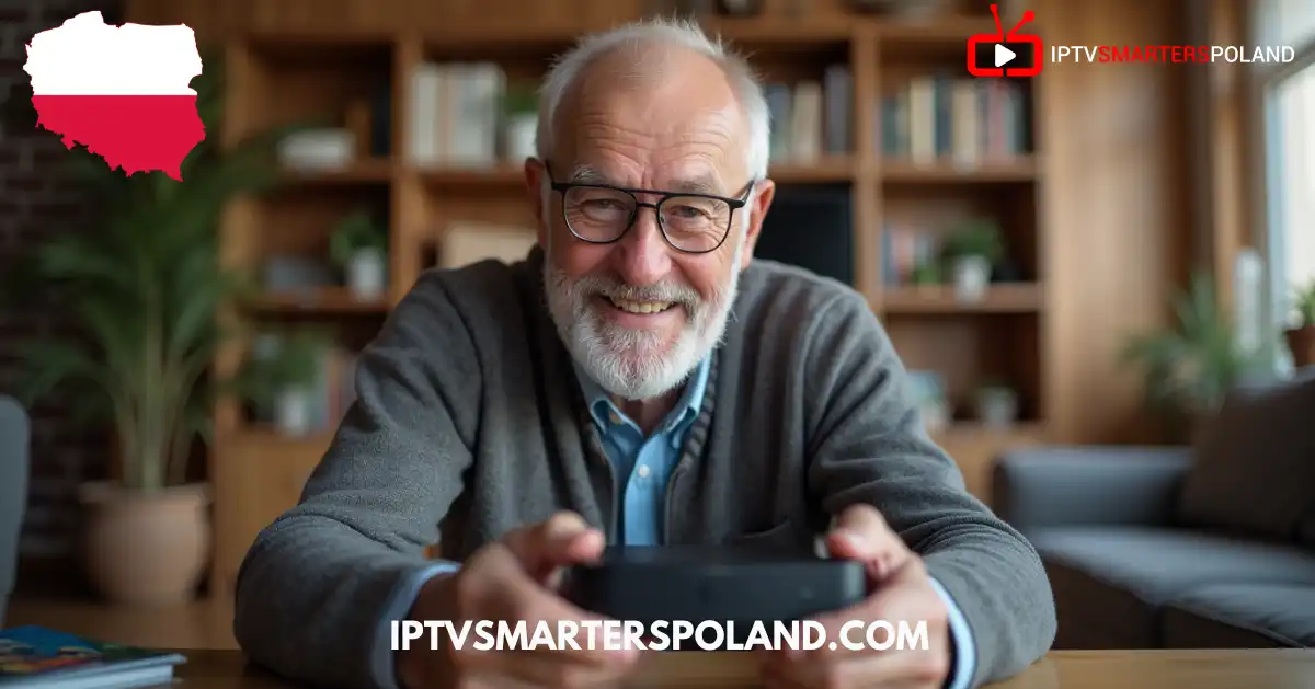 Starszy mężczyzna z pilotem w dłoni uśmiecha się, testując darmowe IPTV Polska 2025 z listą M3U Poland 2025