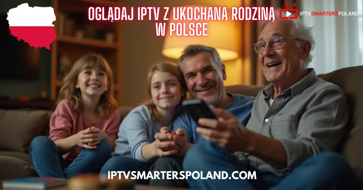Rodzina ogląda telewizję online przez IPTV w Polsce, siedząc razem na kanapie i ciesząc się wspólnym czasem