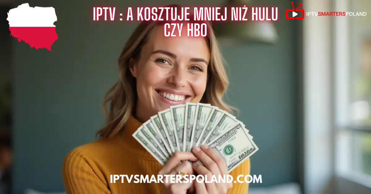 Uśmiechnięta kobieta trzymająca dolary – oszczędza dzięki telewizji internetowej IPTV w Polsce
