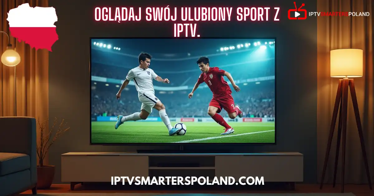 Dwóch piłkarzy grających mecz na stadionie, transmisja na telewizorze w salonie – sport z IPTV i Polstar