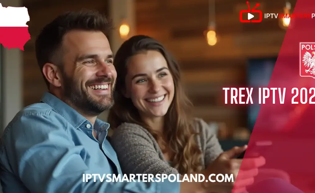 Para oglądająca Trex IPTV 2025 na kanapie w Polsce – IPTVSmarterspoland.com