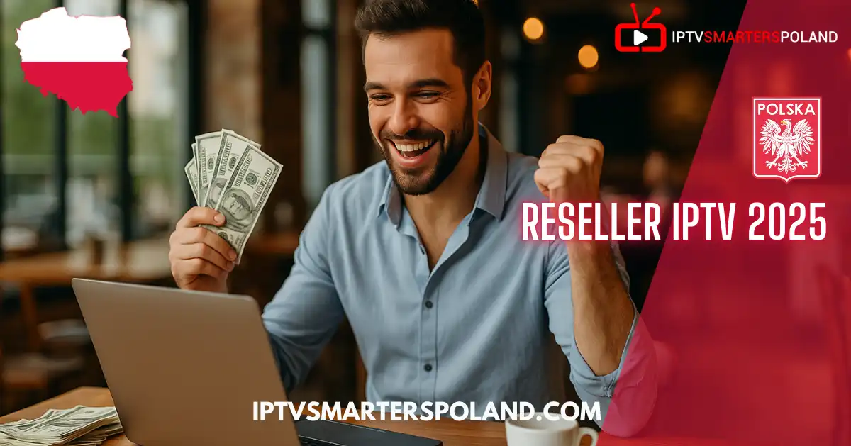 Mężczyzna zarabiający pieniądze online jako reseller IPTV 2025 w Polsce