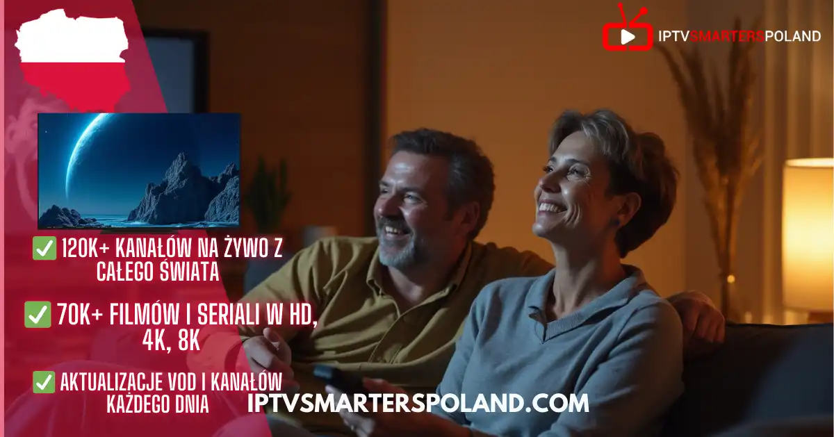 Para oglądająca Trex IPTV na kanapie z dostępem do 120K kanałów i 70K filmów w jakości 4K