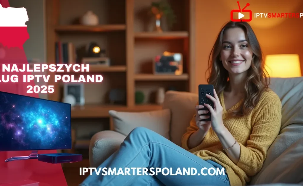 Uśmiechnięta kobieta w żółtym swetrze siedzi na sofie z pilotem w ręku, obok niej napis „5 Najlepszych Usług IPTV Poland 2025” i ekran telewizora – grafika promująca najlepsze subskrypcje IPTV w Polsce.
