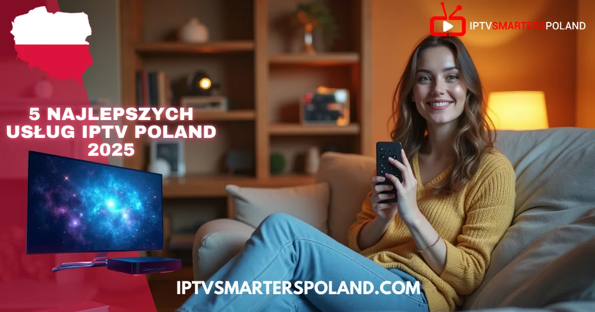 Uśmiechnięta kobieta w żółtym swetrze siedzi na sofie z pilotem w ręku, obok niej napis „5 Najlepszych Usług IPTV Poland 2025” i ekran telewizora – grafika promująca najlepsze subskrypcje IPTV w Polsce.