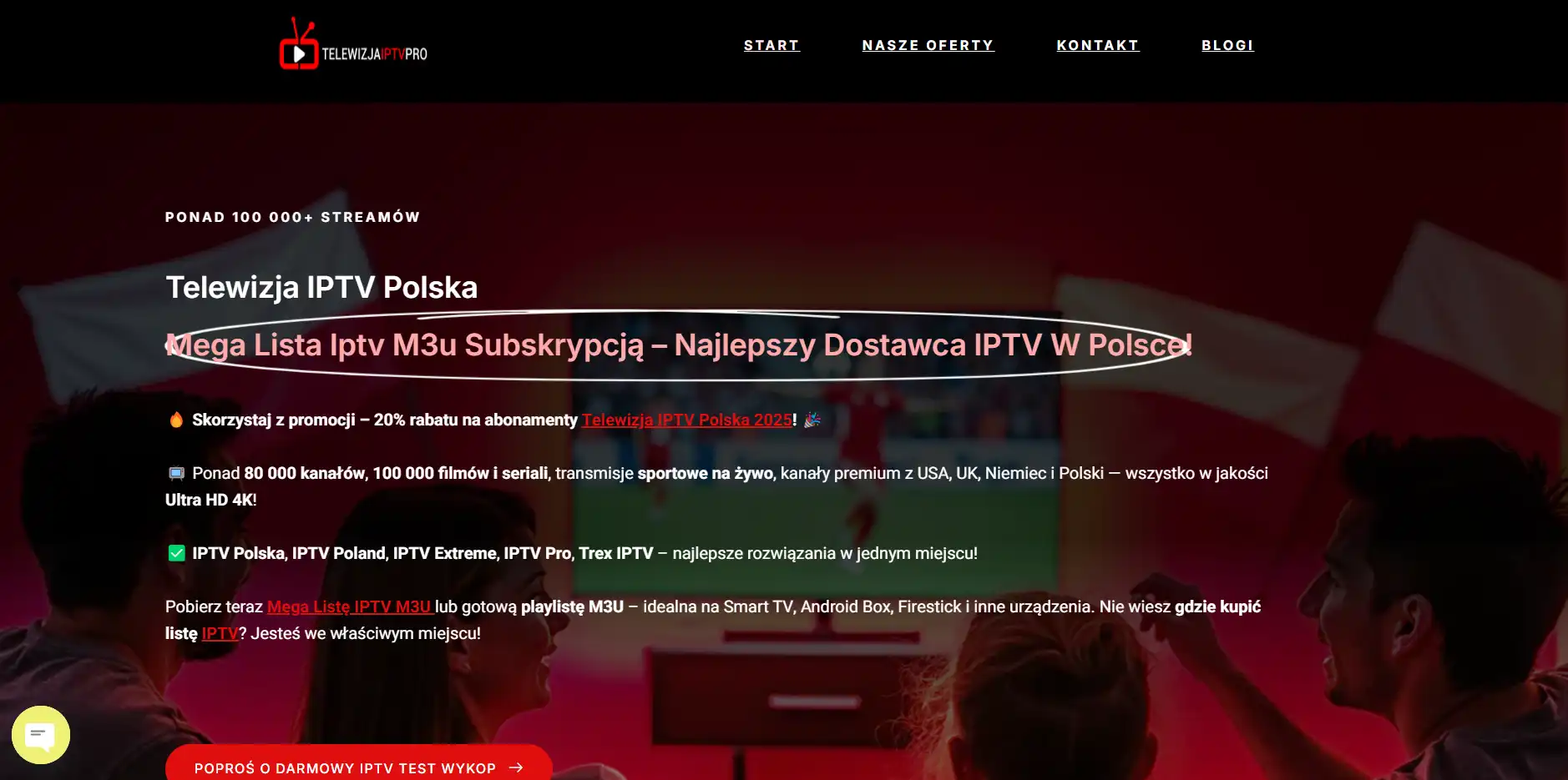 Strona główna dostawcy IPTV w Polsce z napisem „Mega Lista IPTV M3U Subskrypcja” – idealna opcja dla fanów tv online