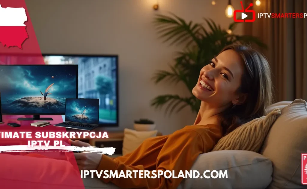 Uśmiechnięta kobieta ogląda telewizję na różnych urządzeniach z pomocą TiviMate – Subskrypcja IPTV PL od IPTV Smarters Poland, najlepsza telewizja internetowa IPTV Polska.