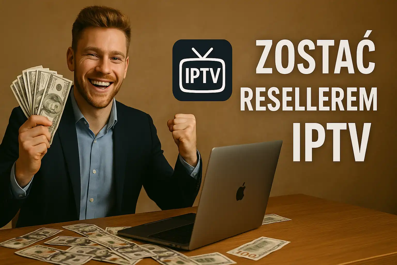 Sklep IPTV 2025 – uśmiechnięty mężczyzna w garniturze siedzący przy biurku z laptopem i trzymający w ręku plik dolarów, obok logo IPTV i napis „Zostać resellerem IPTV”, powiązane z Telewizja IPTV, tivimate, ip tv, iptv tv.
