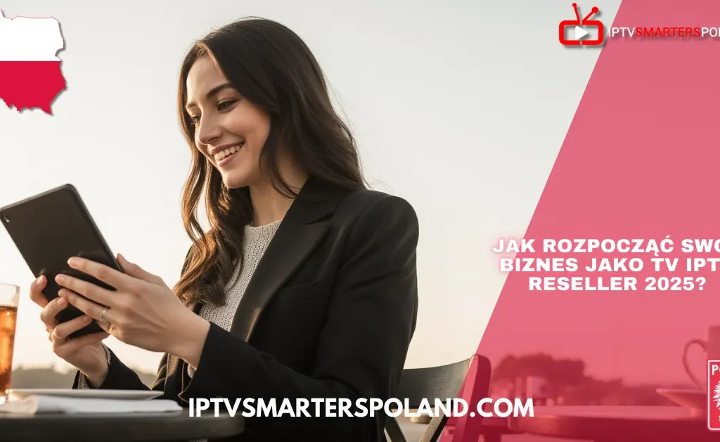 Sklep IPTV 2025 – kobieta siedząca przy stoliku na świeżym powietrzu, trzymająca tablet, obok napój, z napisem „Jak rozpocząć swój biznes jako TV IPTV reseller 2025?” oraz logotypem IPTV Smarters Poland i flagą Polski.