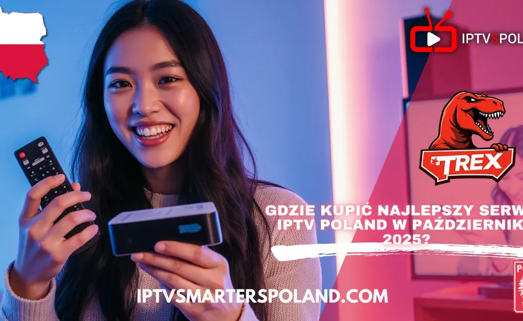 Kobieta trzyma dekoder IPTV i pilot – Trex IPTV Poland 2025, Telewizja IPTV