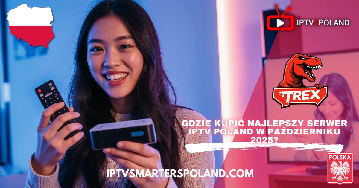 Kobieta trzyma dekoder IPTV i pilot – Trex IPTV Poland 2025, Telewizja IPTV